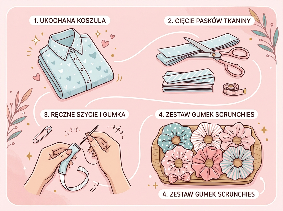 Schemat przemiany koszuli w gumki do włosów